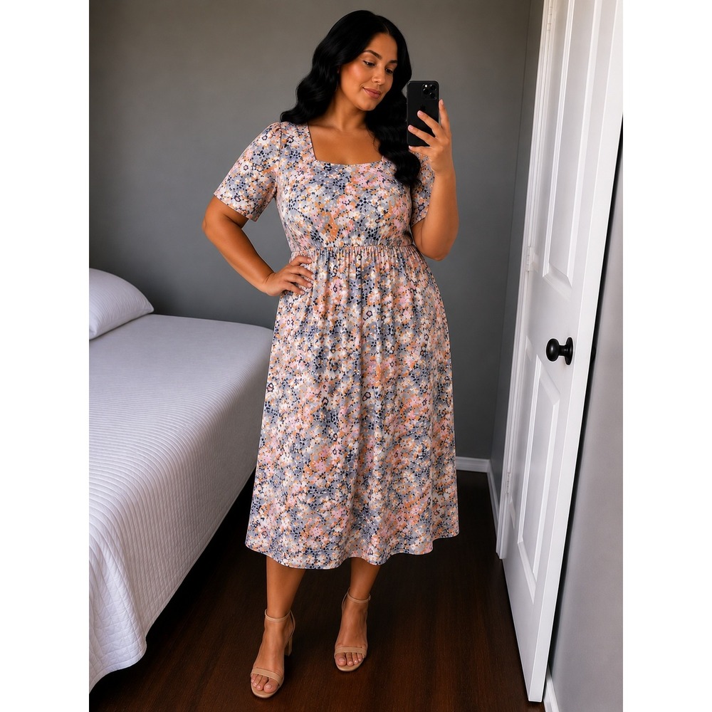 Women Plus 1XL Orange Pink Gray Floral Square Neck Short Sleeve Maxi Dress